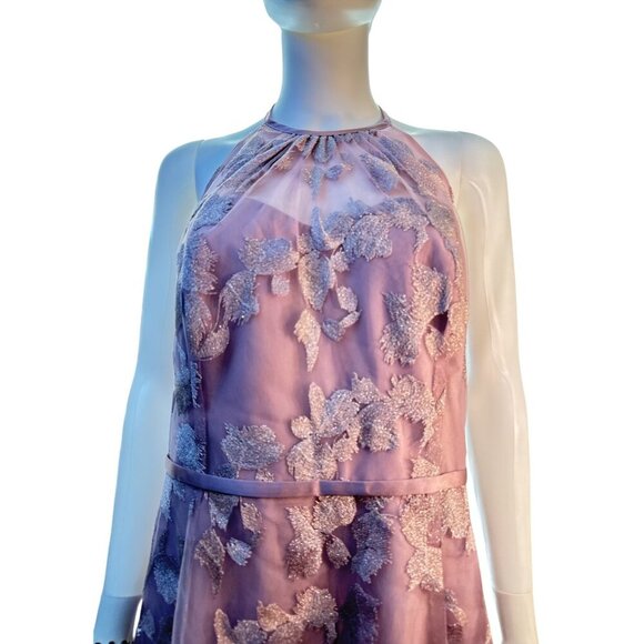 Oleg Cassini Lavender Halter Dress with Sheer Embroidered Overlay Sz S NWT - Picture 4 of 9